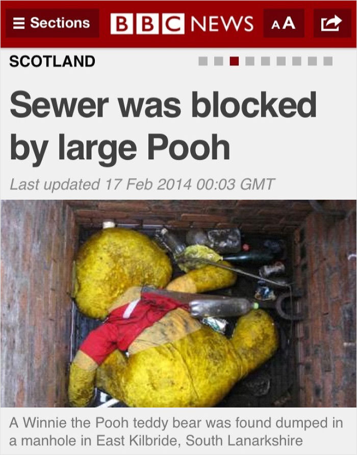 Winnie the Pooh toy blocking sewer in manhole; a hilarious news headline incident in Scotland.