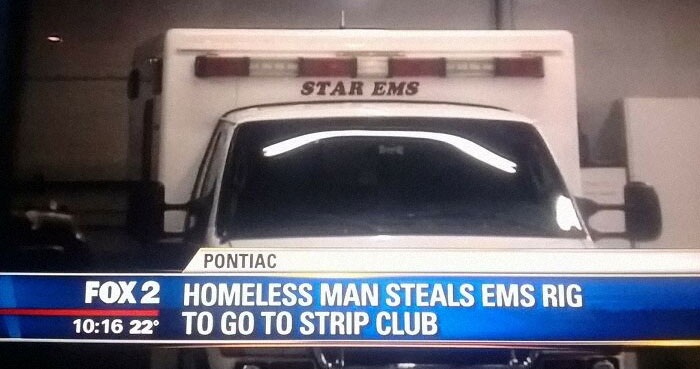 EMS vehicle in headlines for comedic Hilarious-News-Headlines story on Fox 2 about unusual theft.