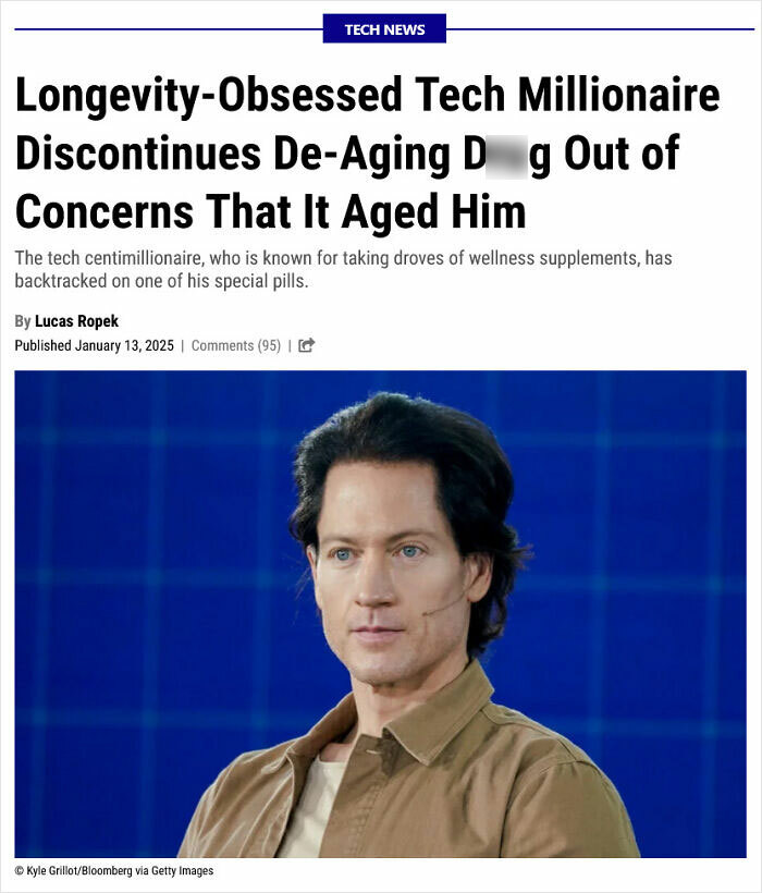 Man in a tan jacket sitting in front of a blue background, featured in hilarious news headlines about anti-aging concerns.