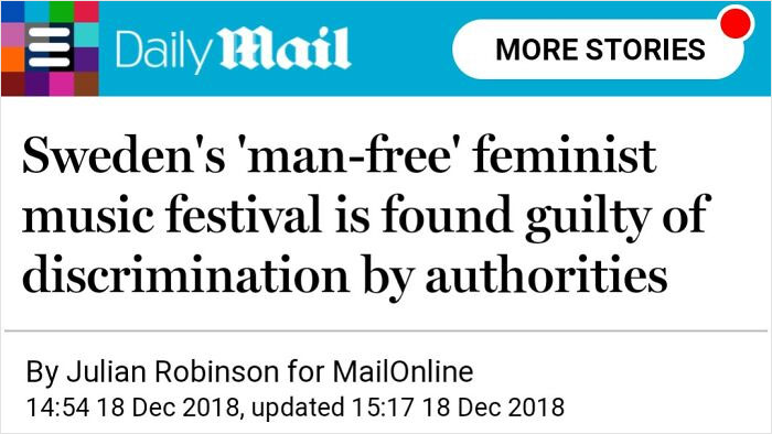 Daily Mail headline about feminist music festival found guilty of discrimination, related to hilarious news headlines.