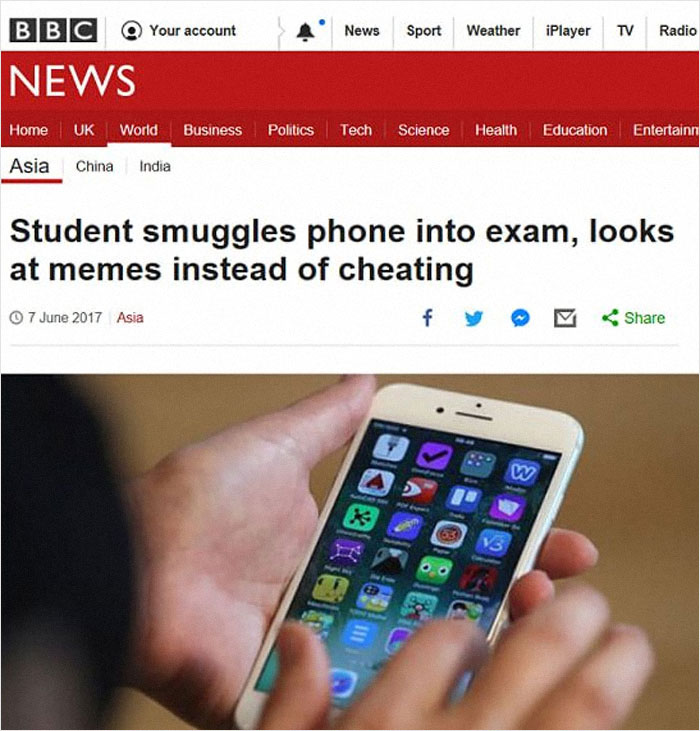 Person holding a phone with apps, related to a funny news story about using it for memes during an exam.