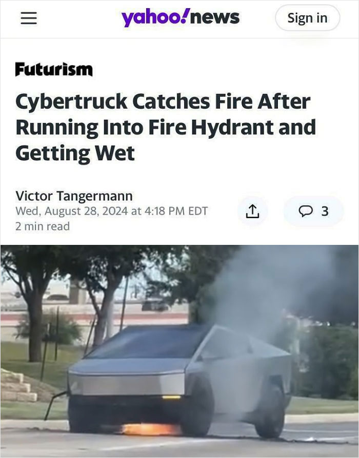 Hilarious news headline about a Cybertruck catching fire after hitting a hydrant, shown with a red fire hydrant in an urban setting.
