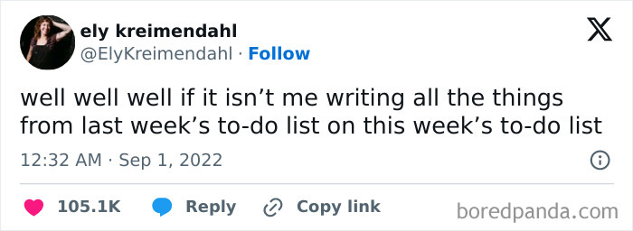 Relatable mental health meme about rewriting the to-do list from last week onto this week's list, gaining over 105K likes.