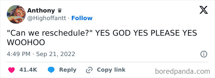 Tweet about rescheduling with excited agreement, part of mental health memes collection.