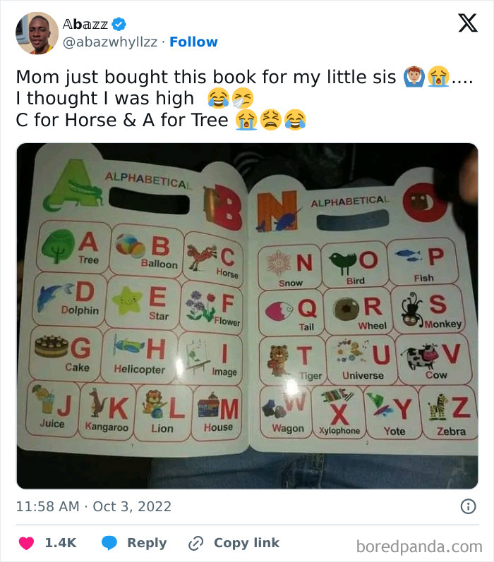 Poorly written designed book with incorrect alphabet associations, such as "C for Horse" and "A for Tree," on open pages.