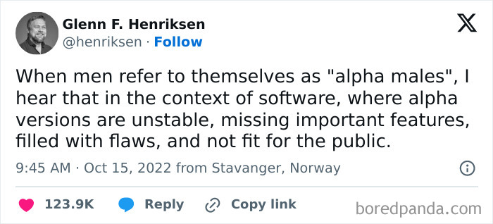 A tweet humorously comparing "alpha males" to buggy software, gaining over 123K likes, part of funny memes collection.