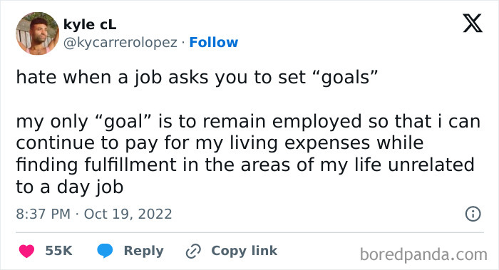 Overworked employee meme about job goals and personal fulfillment outside work.