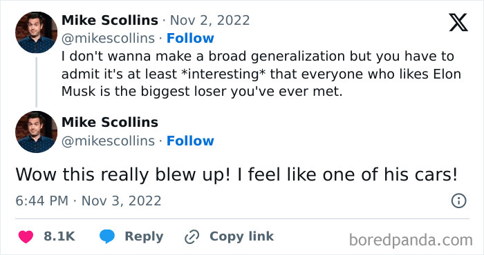 Tweet by Mike Scollins using words humorously to describe Elon Musk fans.