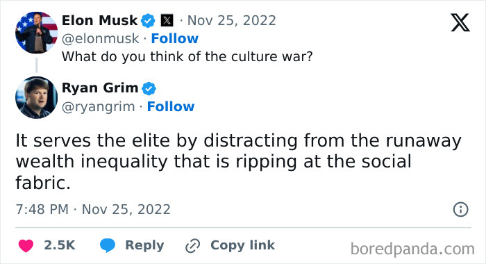 Tweet exchange highlighting capitalism issues, discussing wealth inequality and cultural distractions.