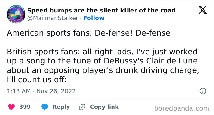 Humorous image contrasting American and British sports fan chants.