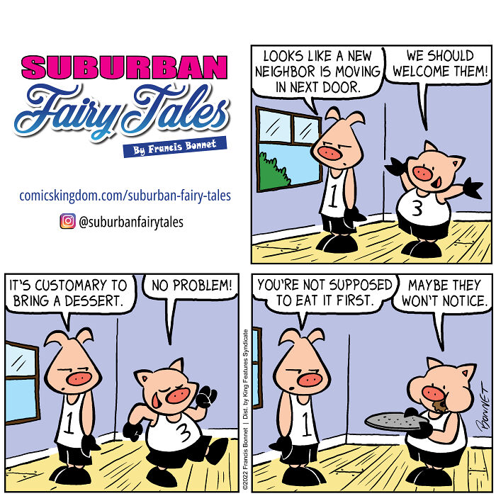 Comic strip from a pig's perspective showing relationship disasters with new neighbors and dessert mishaps.