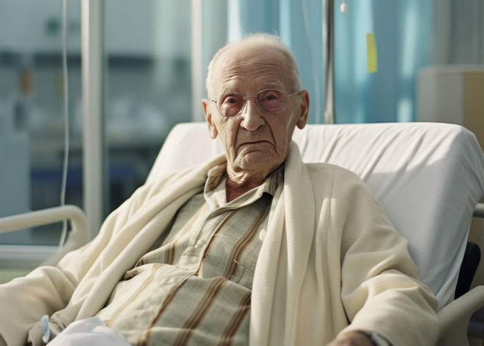 Elderly man in hospital bed, wearing glasses and a striped shirt, illustrating last words from dying patients.