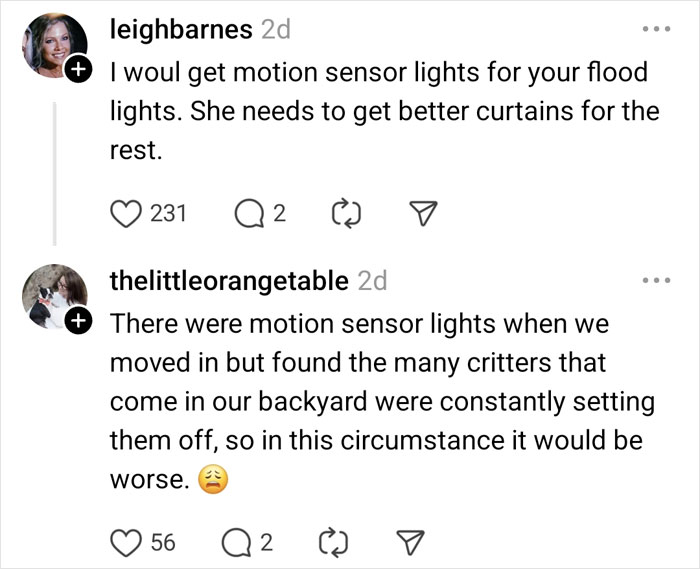 Comments discussing solutions and challenges with neighbor's light complaints.