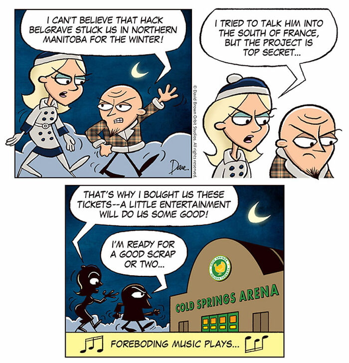 Comic strip featuring Planey Joey with a dialogue about a secret project and a visit to Gold Springs Arena at night.