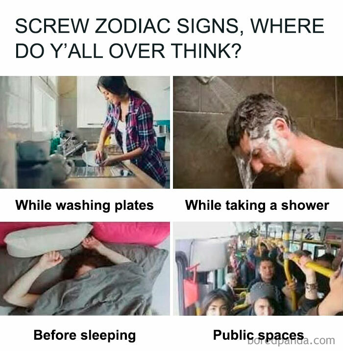 People overthinking in various scenarios: washing plates, showering, before sleeping, in public spaces; mental health meme.