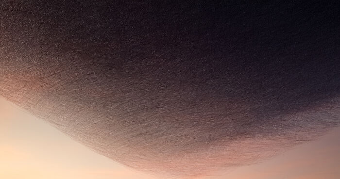 Migrating birds form a dense, swirling pattern in the sky at sunset, showcasing hidden flight paths captured by Kathryn Cooper.