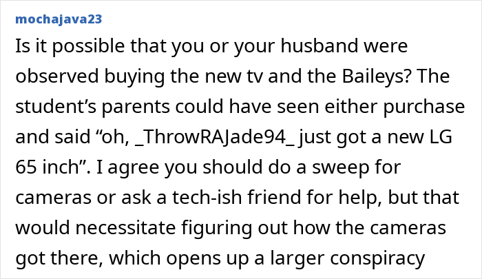 Text screenshot discussing a student's creepy comment and a husband's perspective on potential paranoia. Text screenshot discussing a student's creepy comment and a husband's perspective on potential paranoia.