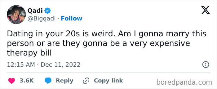 Tweet about dating in your 20s, highlighting the humor in figuring out relationships.