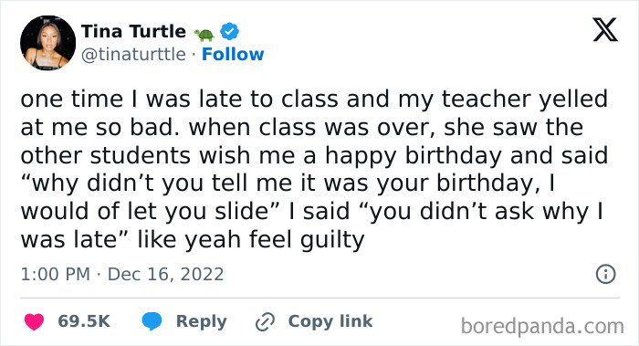 Tweet about teachers scolding a student on their birthday, highlighting infuriating teacher behavior.