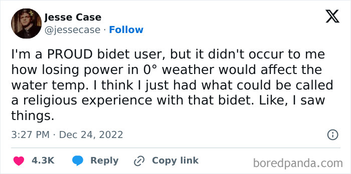Tweet about peak internet humor with a bidet experience in cold weather.