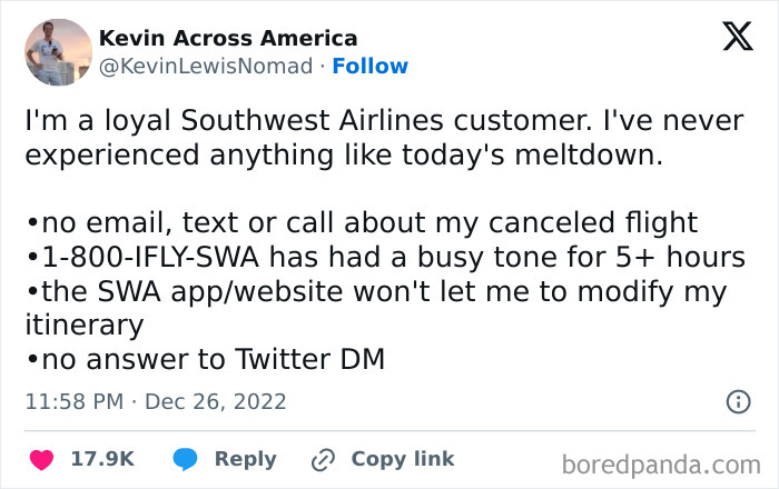Tweet about infuriating cancelled reservations, detailing lack of communication from Southwest Airlines during a meltdown.