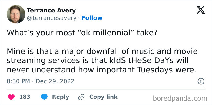 Tweet with Honest-Millennial-Complaints about streaming services affecting the importance of Tuesdays.