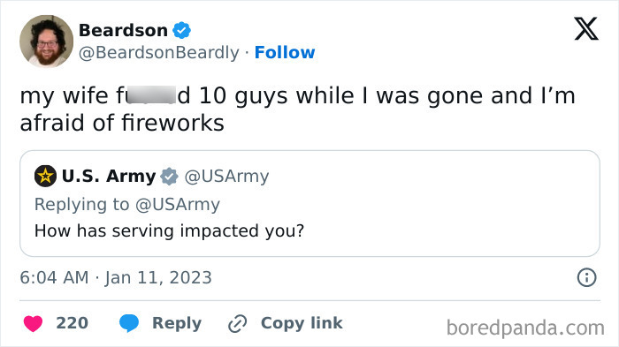 Funny meme about unexpected impact of military service shared on Twitter.