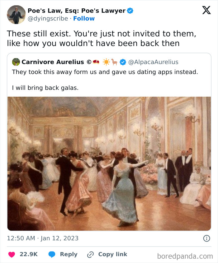 Tweet with a clever comeback about dating apps replacing elegant galas, featuring an image of a ballroom dance.