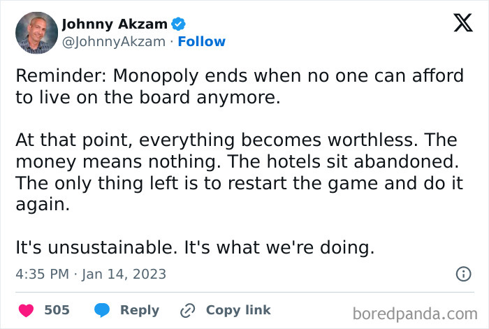 Tweet about Monopoly on board game background, highlighting themes of worthlessness and repeating cycles.