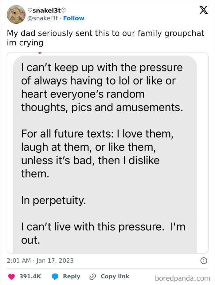 Funny meme about a dad's humorous message in a family group chat, highlighting relatable millennial pressure to react online.