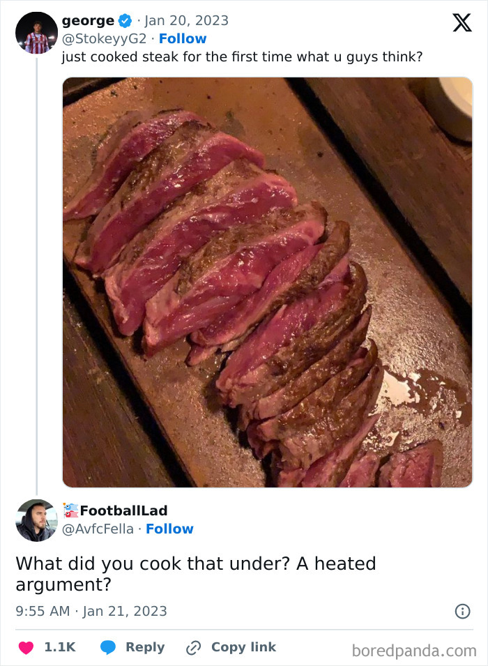 Sliced steak on a cutting board with a humorous comment below, showcasing weaponized words in a Twitter exchange.
