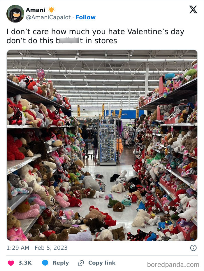 Valentines Day fails; plush toys scattered and messy aisle in a store.