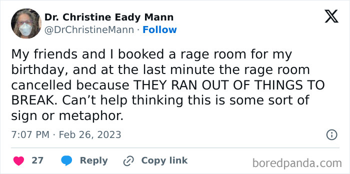 Tweet about a rage room birthday reservation being infuriatingly canceled due to a lack of breakable items.