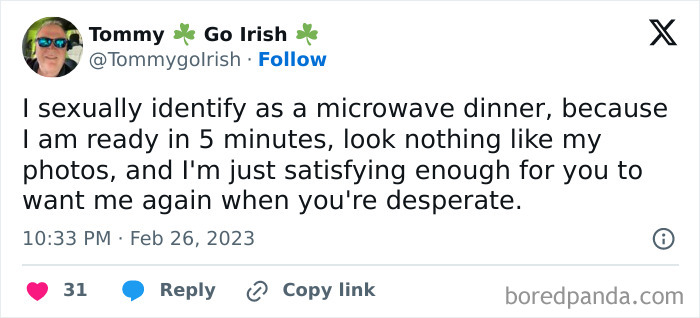Tweet meme humorously comparing dating in your 30s to a microwave dinner experience.