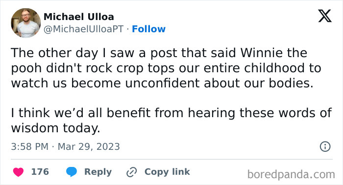 Tweet about self-confidence and social justice with a comedic reference to Winnie the Pooh's crop top fashion.