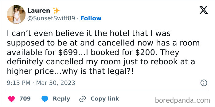 Tweet expressing frustration about cancelled reservations for a hotel that rebooked at a higher price.