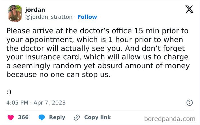 Meme about doctor's appointments reflecting millennial frustration with scheduling and costs, text by user "jordan_stratton".
