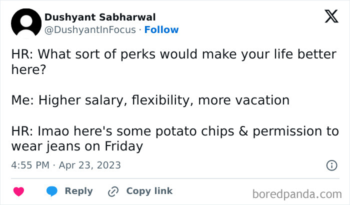 Screenshot of a tweet humorously depicting a "recruiting hell" scenario about inadequate workplace perks.