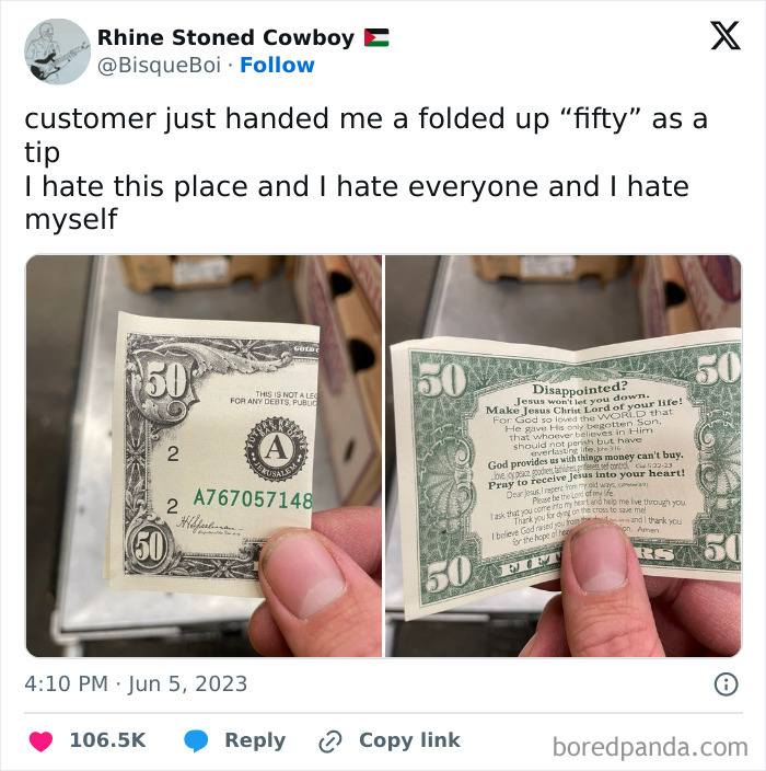 Two images show a person holding a fake fifty-dollar bill as a server tip, highlighting a mildly infuriating experience.