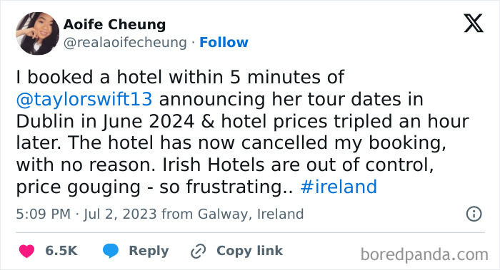 Tweet expressing frustration over infuriating cancelled reservations due to hotel price gouging before a concert in Dublin.
