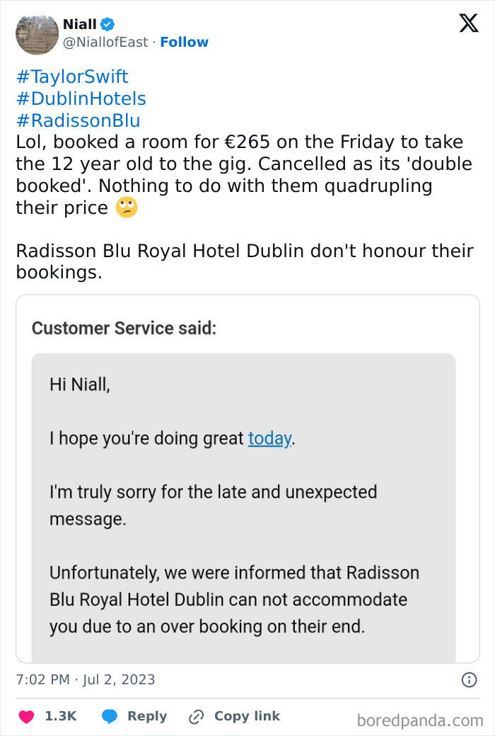 Tweet about cancelled reservations at Radisson Blu Hotel, citing overbooking and price increase concerns.