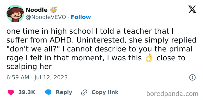 Tweet discussing rude response from an uninterested teacher about ADHD, highlighting bad-infuriating-teachers.