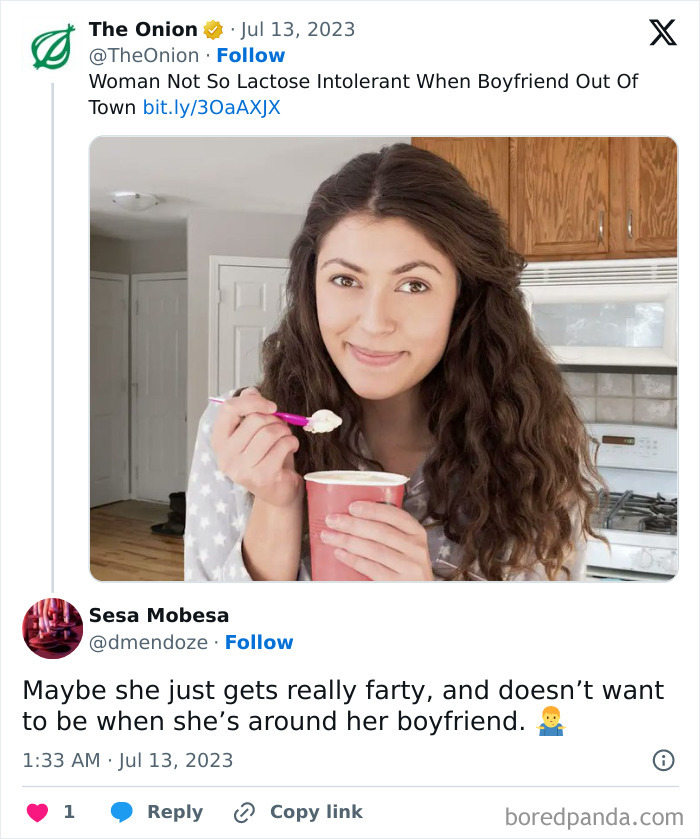Woman smiling while eating yogurt, related to satirical headlines theme.
