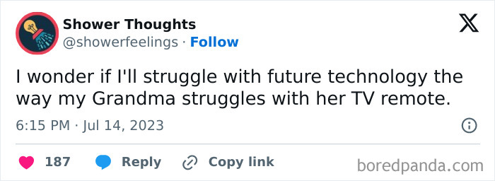 Tweet from Shower Thoughts about future technology struggles compared to a grandma with a TV remote.