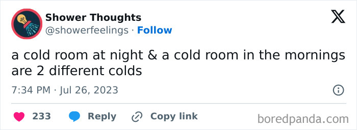 Tweet by Shower Thoughts about the difference between night and morning cold, showing creative ideas come while showering.
