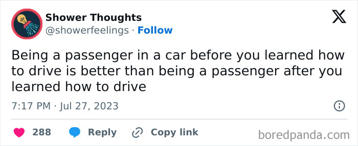 Social media post about shower thoughts comparing car passenger experiences.