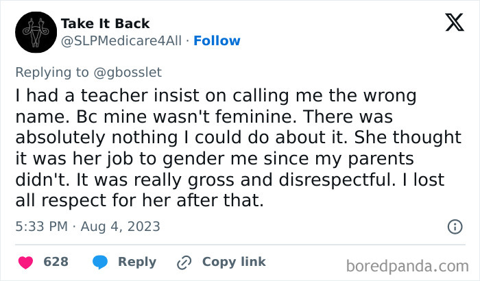 Text exchange about a bad teacher insisting on using an incorrect name, viewed on a social media platform.