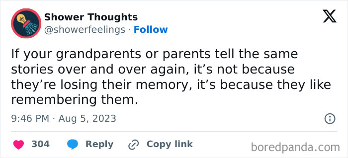 Shower thoughts post about grandparents enjoying repetitive storytelling, highlighting unique ideas.