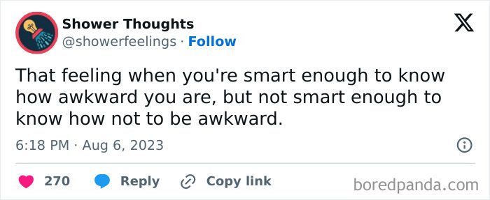 Shower Thoughts tweet about awkwardness, reflecting ideas that come while showering.