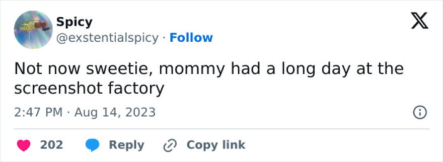 Tweet by Spicy reads: "Not now sweetie, mommy had a long day at the screenshot factory." Related to Puncrastination memes.